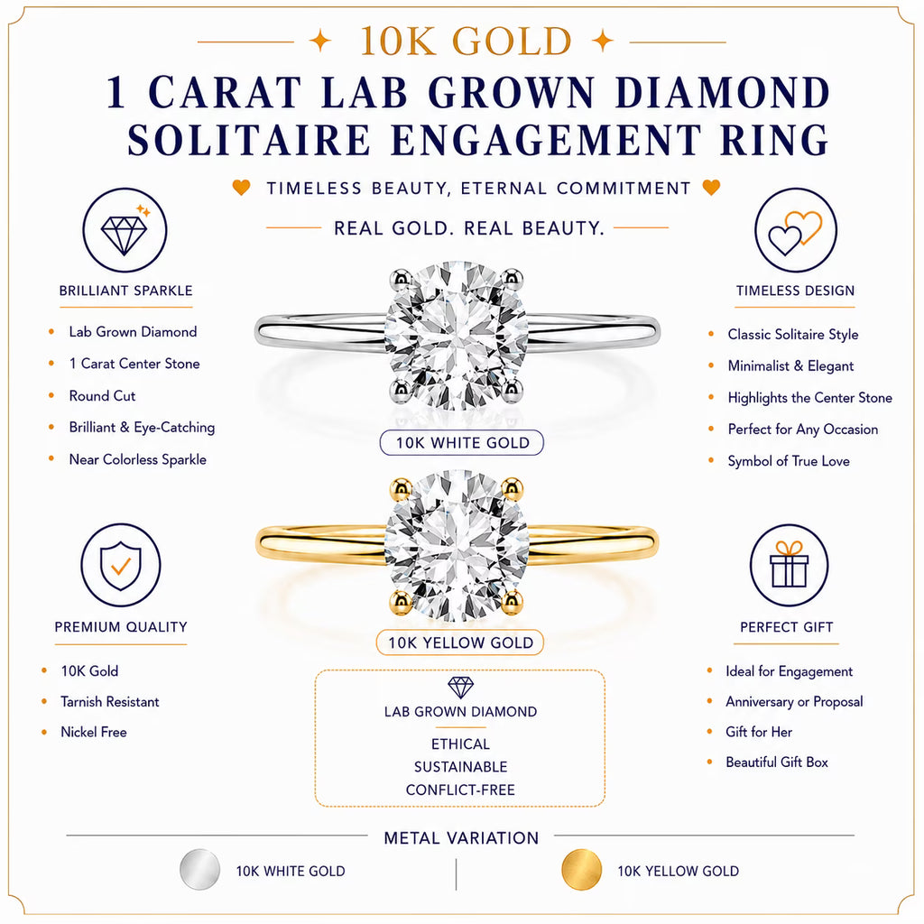JeenMata Lab Grown Diamond 1 Carat Round Cut Solitaire Engagement Ring in Real Solid 10K Yellow Gold for Women, Gift for Her, Female, Girlfriend