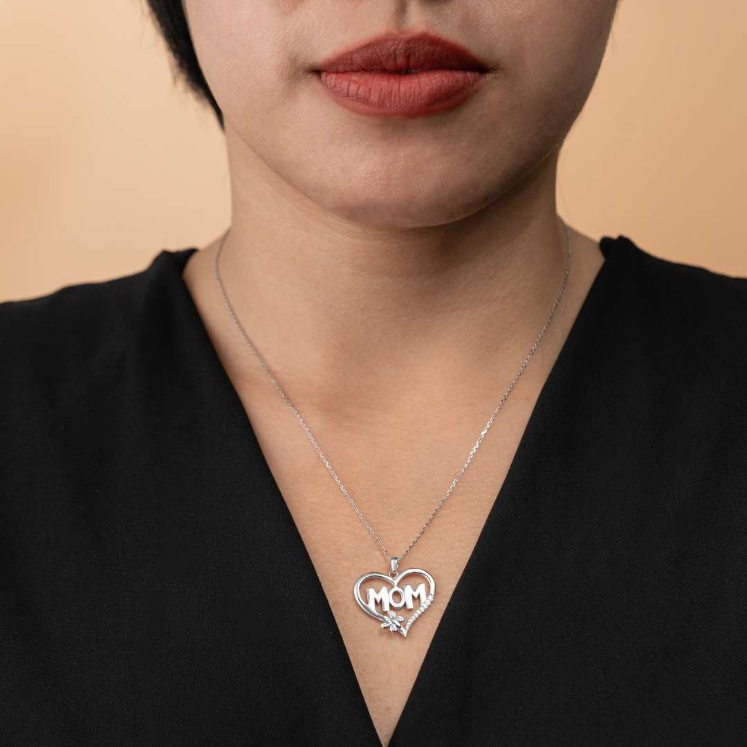 JeenMata Heart and Butterfly Mom Diamond Pendant Necklace in 18K White Gold over Silver