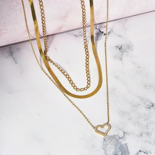 JEENMATA Multipack 3 pc Women Layered Necklace Pendant, Yellow Gold Plating, Gold Chain, Choker Necklace, Herringbone Layered Necklace Jewelry Gift