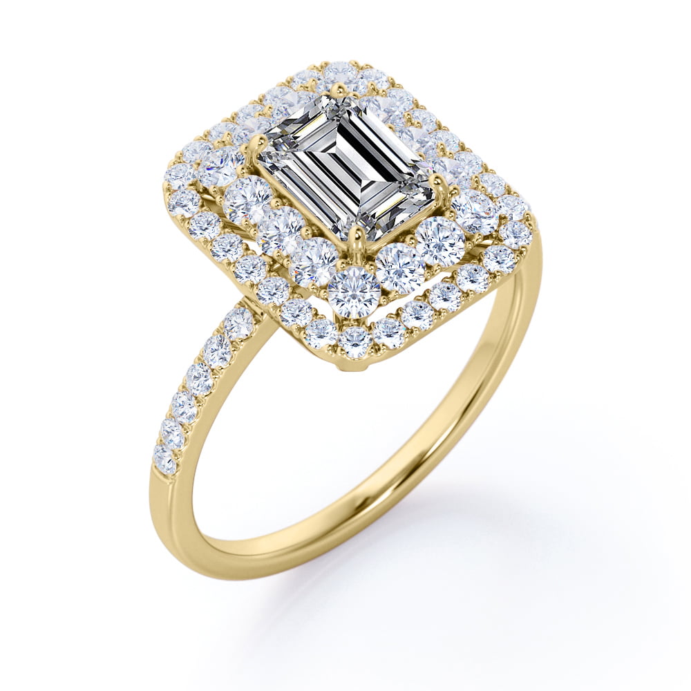 JeenMata 1.5 Carat Emerald Cut Moissanite Engagement Ring - Bridal Ring - Double Halo Ring - Cluster Ring