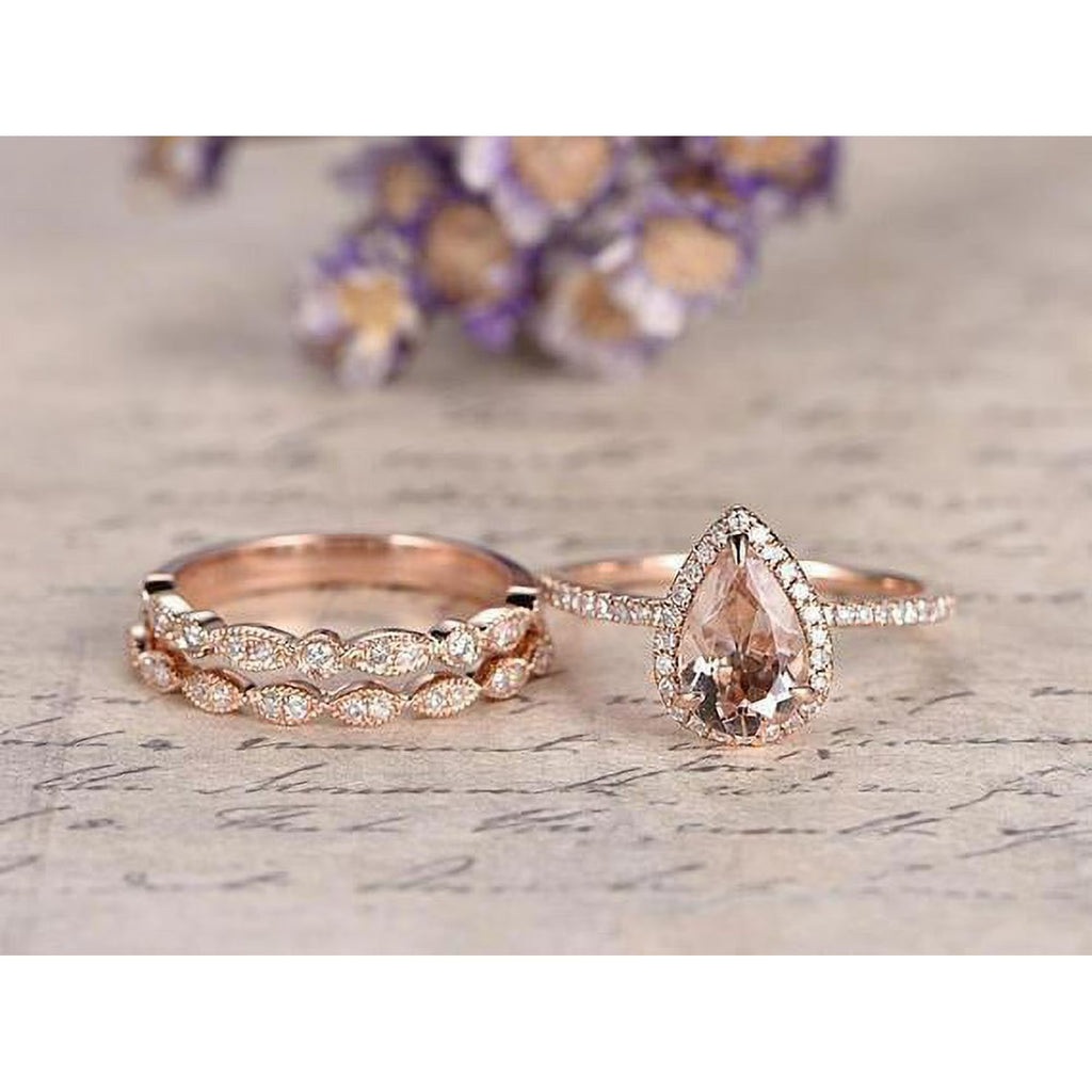 JeenMata 1.5 Carat Pear Cut Lab Created Morganite and Moissanite Trio Wedding Ring Set in Rose Gold