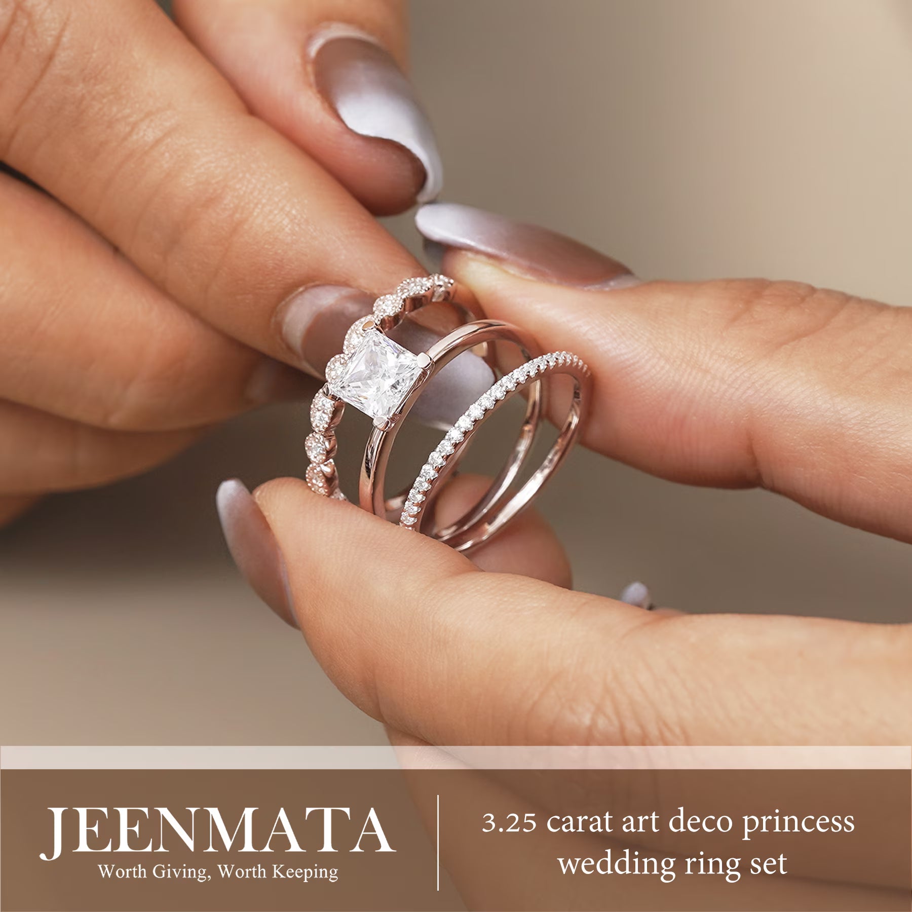 JeenMata 3.25 Carat Princess Wedding Ring Set - Bridal Set - Wedding Trio Set - Engagement Ring - Art Deco Ring - Promise Ring - Sterling Silver