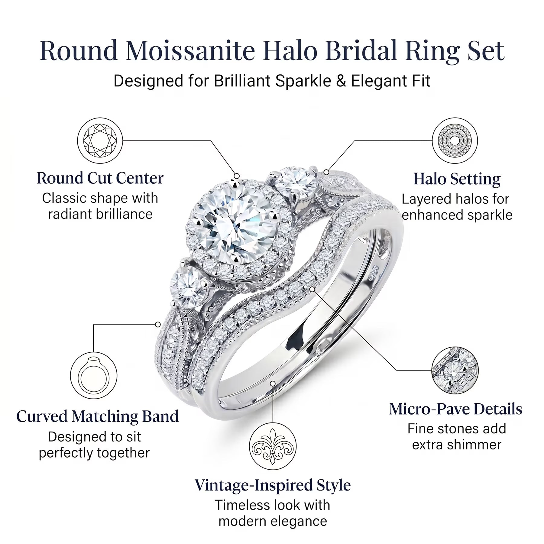 JeenMata 2 Carat Moissanite Wedding Ring Set - Round Cut Vintage Design Halo Bridal Set in 18K White Gold Plating for Women