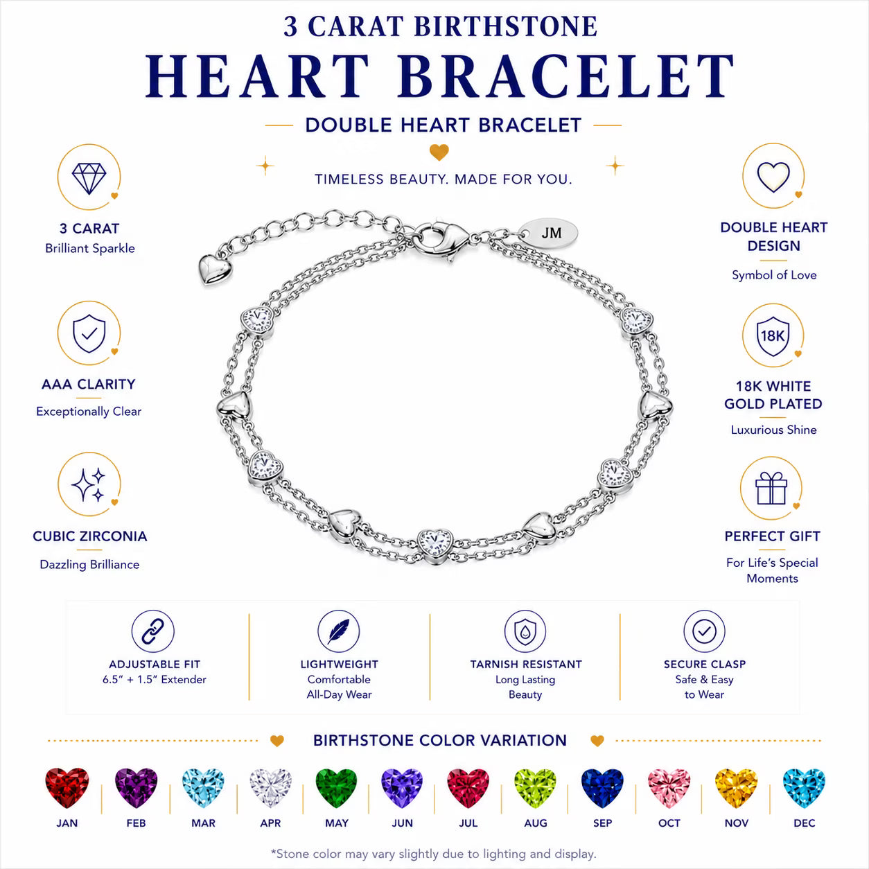 JeenMata 3 Carat April Birthstone Heart Bracelet - Double Heart Bracelet in 18K White Gold Plating for Women