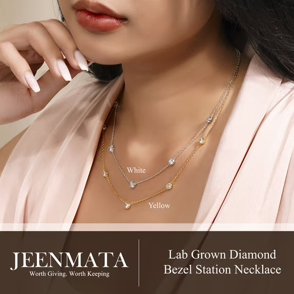 JeenMata 1 Carat Lab Grown Diamond Five Stone Bezel Station Necklaces - in 18K White Gold Plating Necklace for Women, Female, Adult