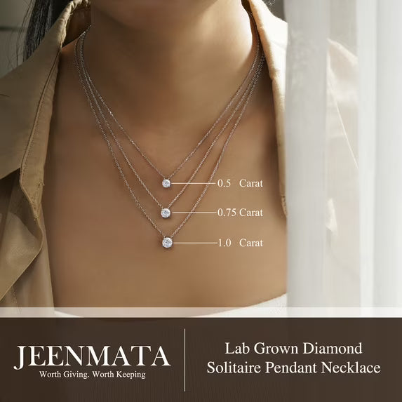 JeenMata Lab Grown Diamond 1 Carat Round Cut Classic Solitaire Pendant Necklace - in 18K White Gold Plating for Women