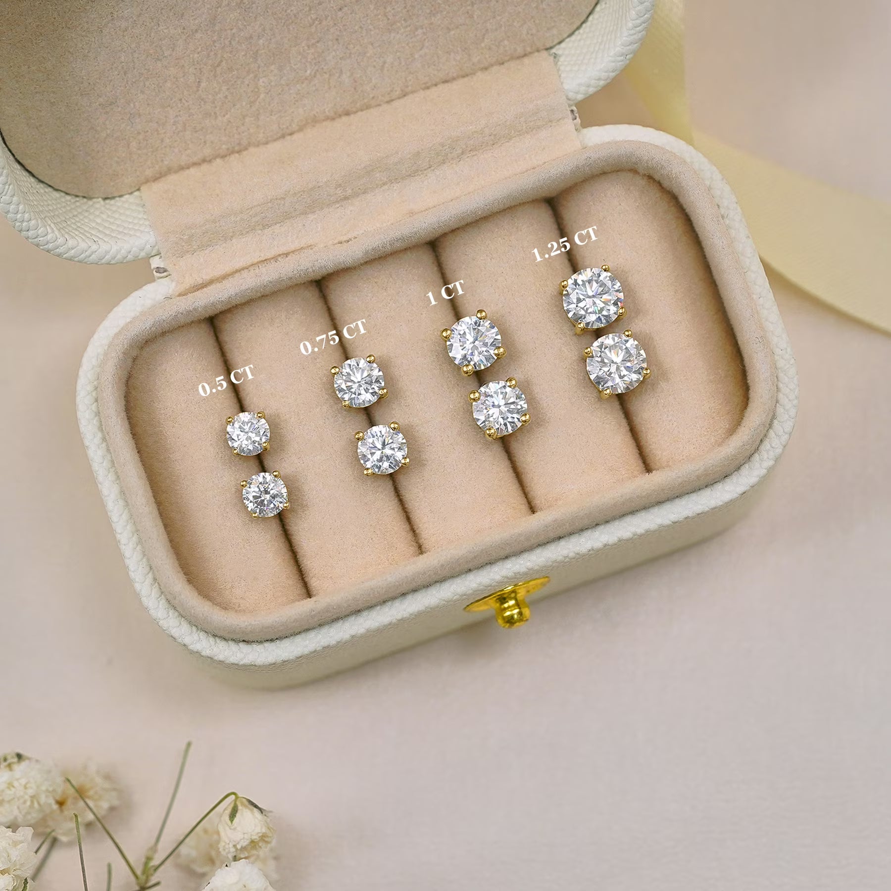 JeenMata Lab Grown Diamond Earrings 1 Carat Round Cut 18K Yellow Gold Plated Solitaire Studs for Women