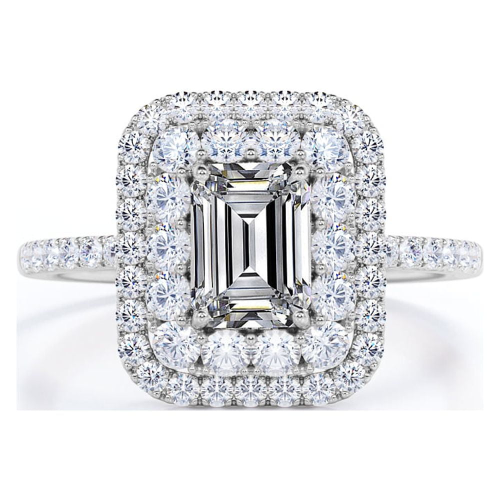 JeenMata 1.5 Carat Emerald Cut Moissanite Engagement Ring - Bridal Ring - Double Halo Ring - Cluster Ring