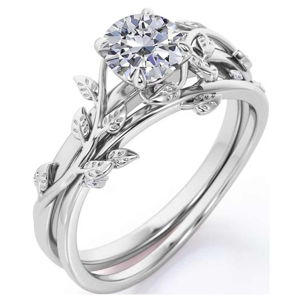 JeenMata Half Carat Round Lab Grown Diamond Bridal Set - Leaf and Vine Diamond Wedding Ring Set - 10k White Gold