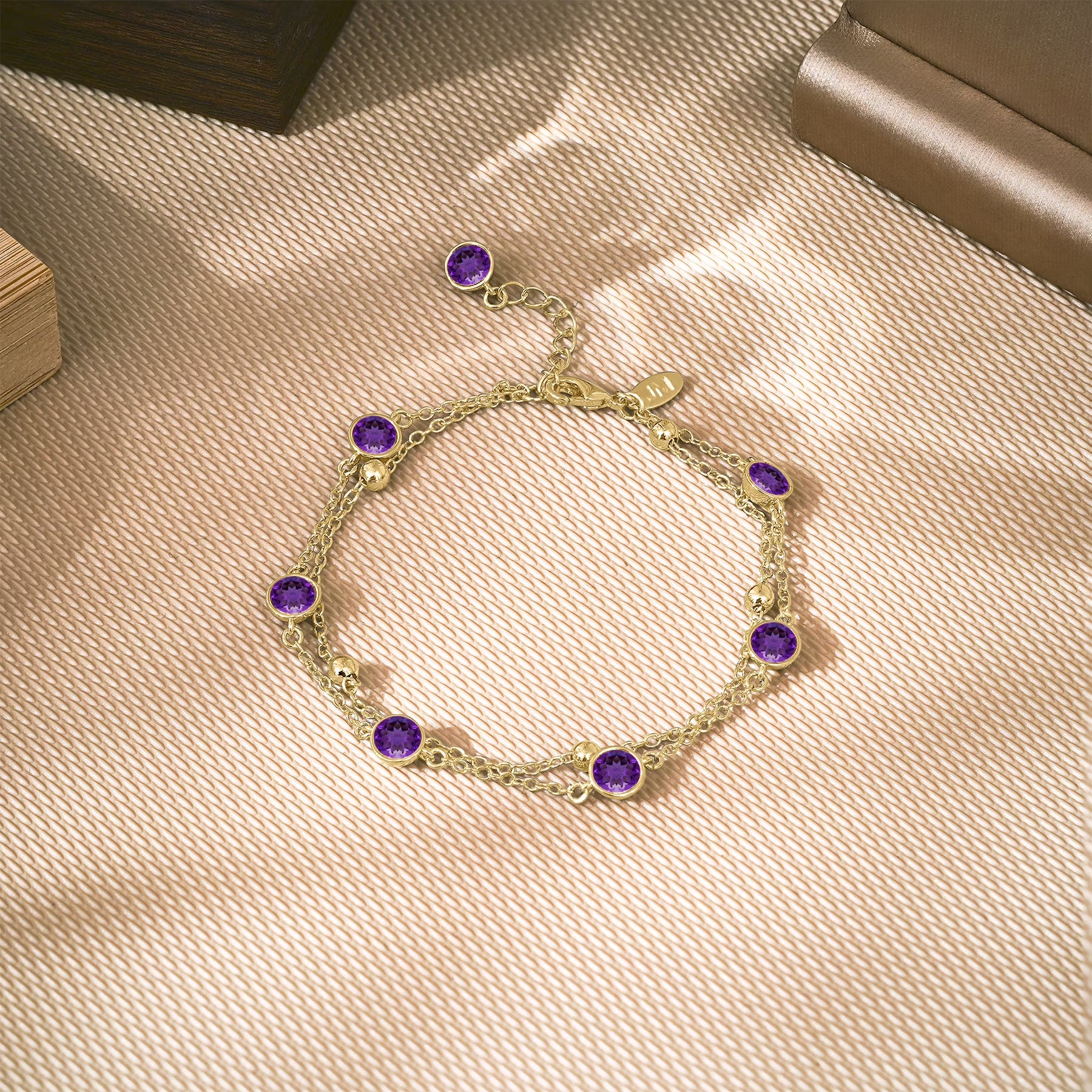JeenMata 3.5 Carat February Amethyst Birthstone Double Layer Bracelet - in Yellow Gold Plating for Women