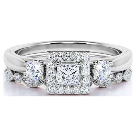 JeenMata 1.5 ct Princess Cut Moissanite - 3 Stone Art Deco - Halo Ring & Scalloped Band - Vintage Wedding Ring Set in 18K White Gold Plating for Women