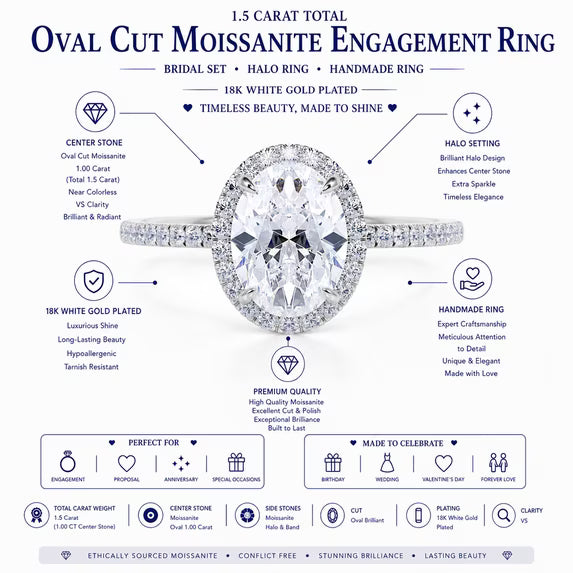 JeenMata 1.5 Carat Oval Cut Moissanite Engagement Ring - Bridal Set - Halo Ring - Handmade Ring - 18k White Gold Plating for Women