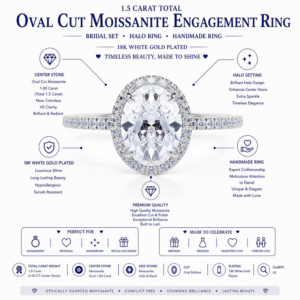 JeenMata 1.5 Carat Oval Cut Moissanite Engagement Ring - Bridal Set - Halo Ring - Handmade Ring - 18k Yellow Gold Plating for Women