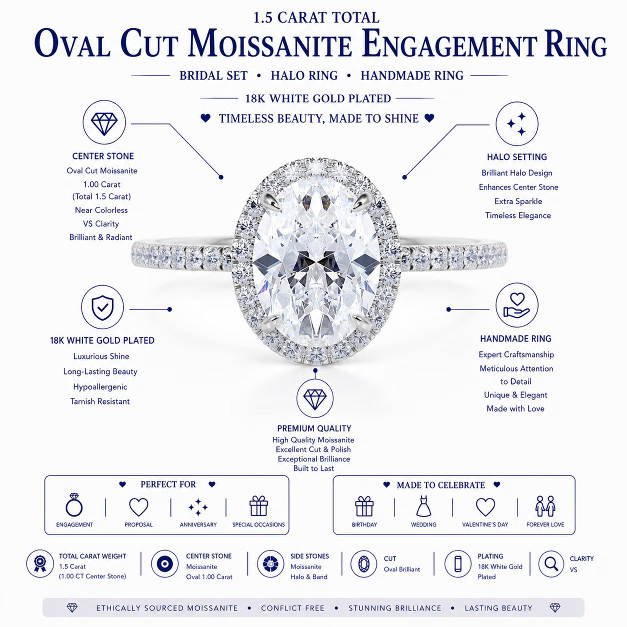 JeenMata 1.5 Carat Oval Cut Moissanite Engagement Ring - Bridal Set - Halo Ring - Handmade Ring - 18k Yellow Gold Plating for Women