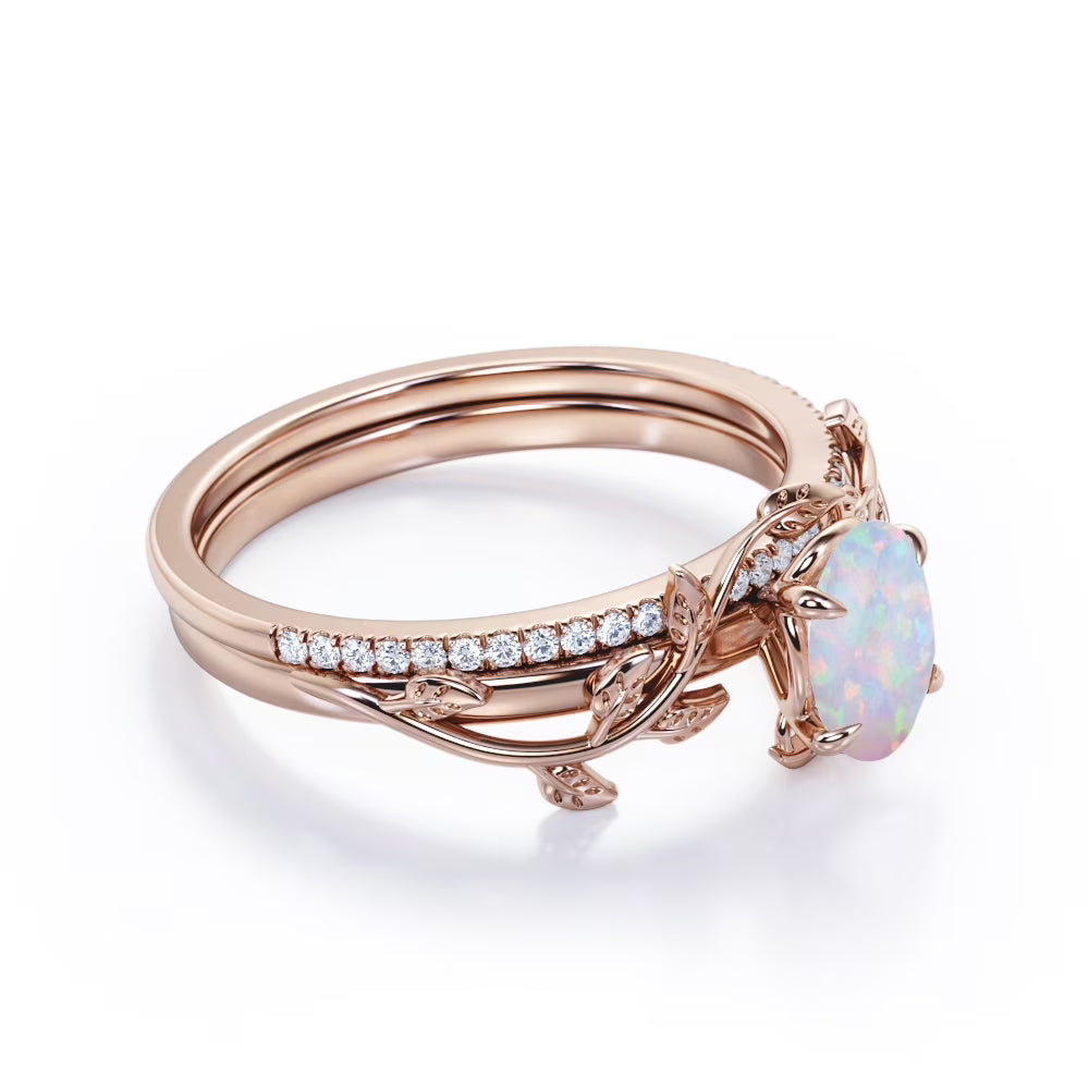 JeenMata Prong Setting 1.5 Carat Ovate Rainbow Lab Created Opal and Moissanite Leaf Design Wedding Ring Set in 18K Rose Gold Plating over Silver