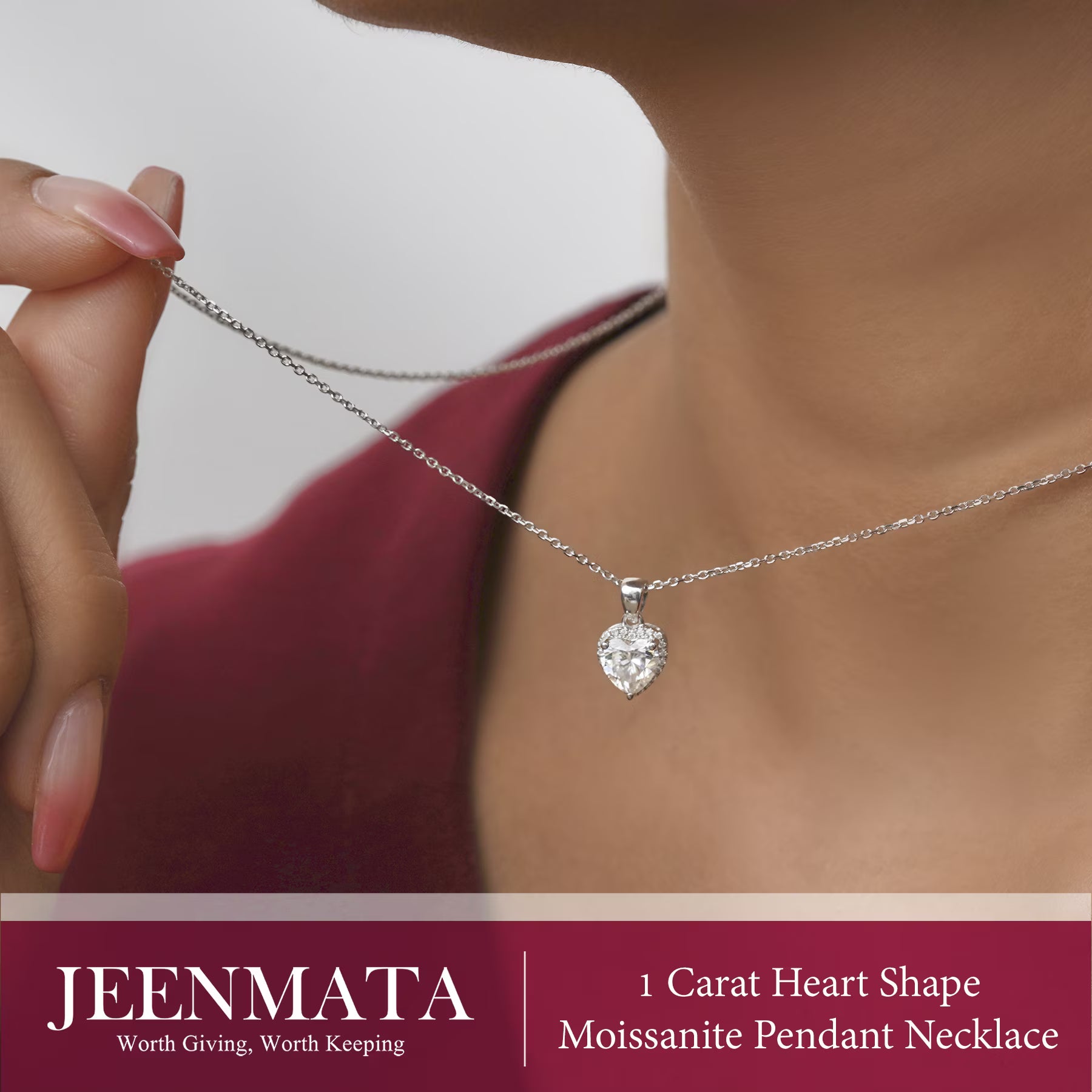 JeenMata Forever Heart 1 Carat - Moissanite - April Pendant Necklace in 18K White Gold Plating over Silver