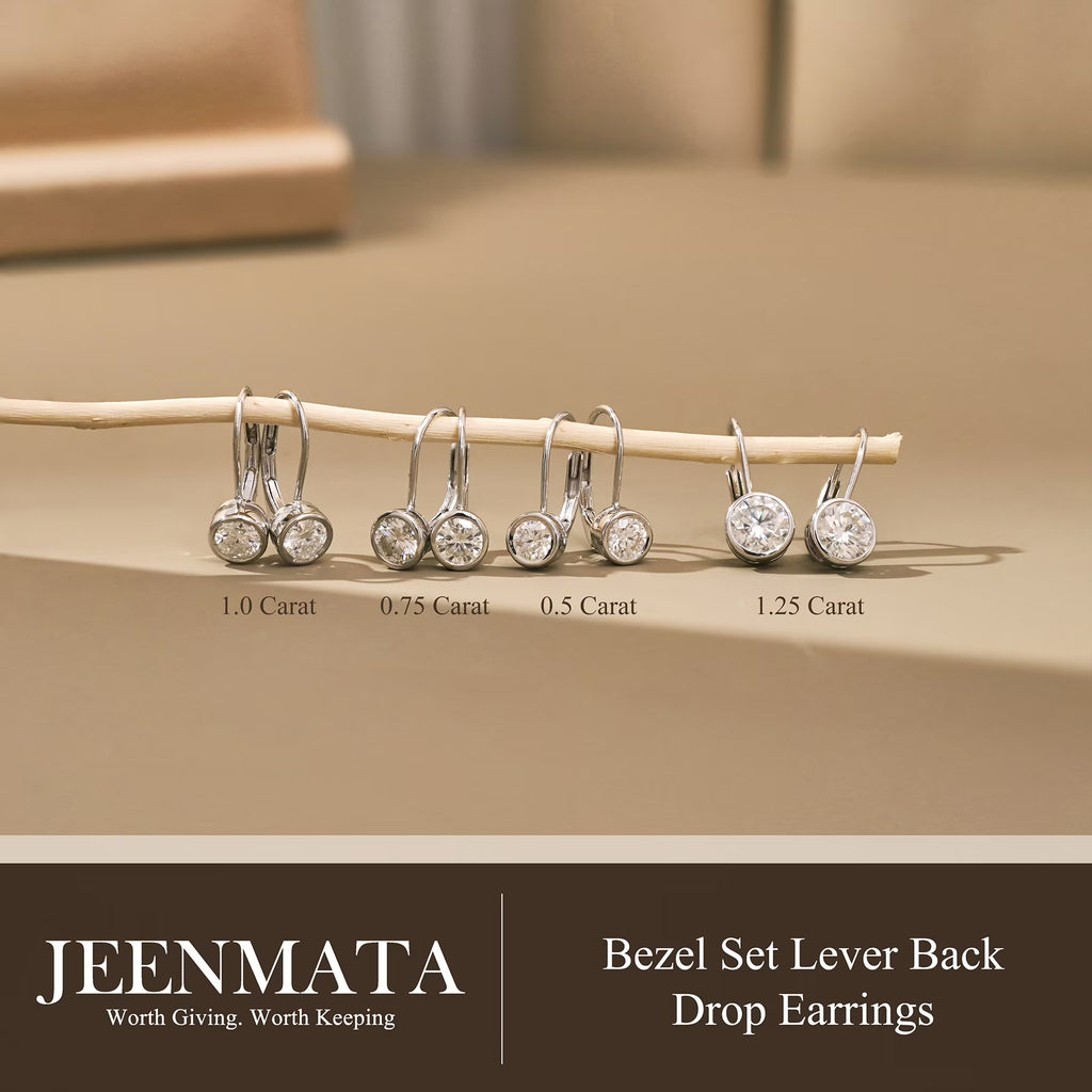 JeenMata 0.50 Carat Lab Grown Diamond Bezel Set Leverback Drop Earring - in 18K White Gold Plating Earrings for Women, Gift for Girlfriend, Mother, Her