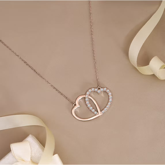 JeenMata Lab Grown Diamond Interlocking Heart Shape Pendant Necklace in Rose Gold Plating