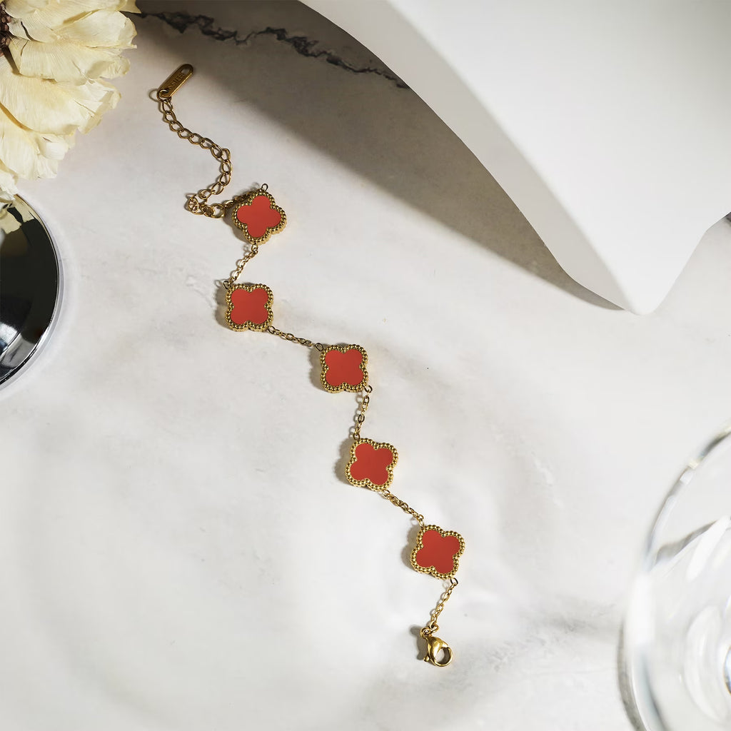 JeenMata Red Flower Link Bracelet in Yellow Gold Plated