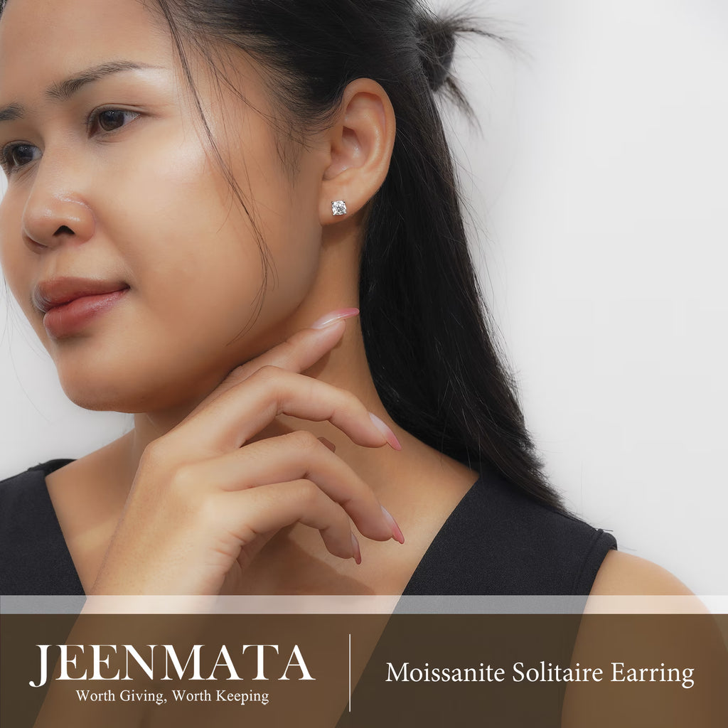 JeenMata 2 Carat Cushion Cut Moissanite 4 Prong Solitaire Stud Earrings in 18k White Gold Plating for Women