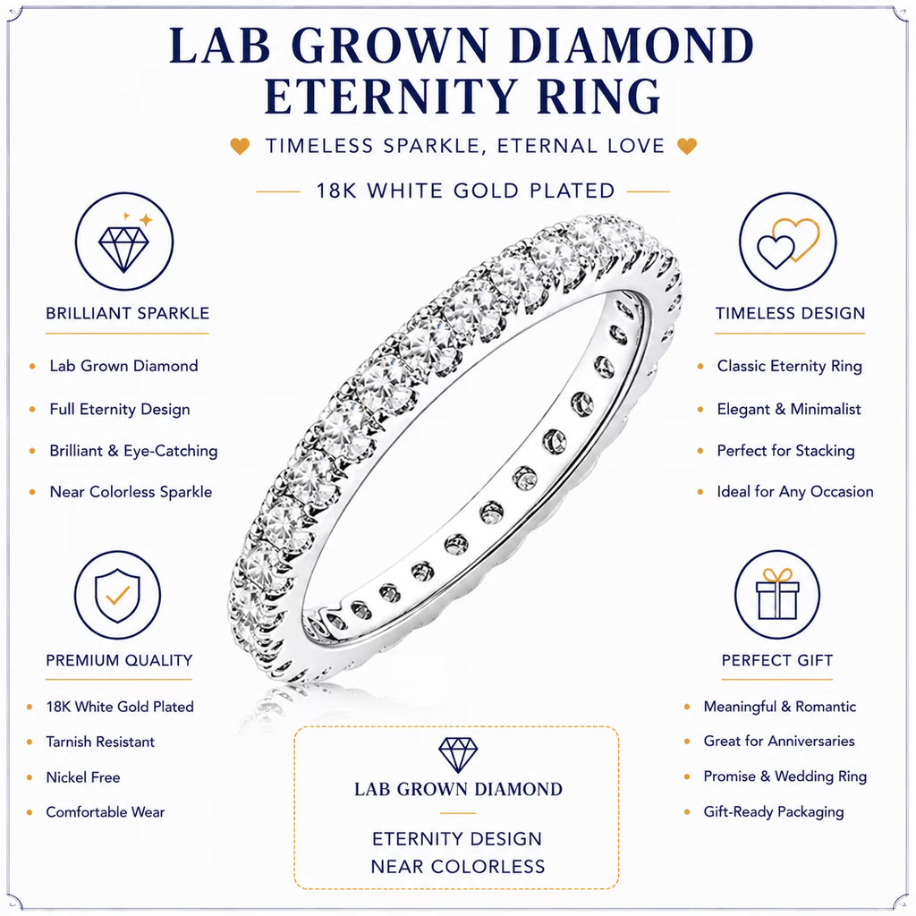 JeenMata Lab Grown Diamond Eternity Ring - Timeless Promise Gift for Women - in 18K White Gold Plating Wedding Rings