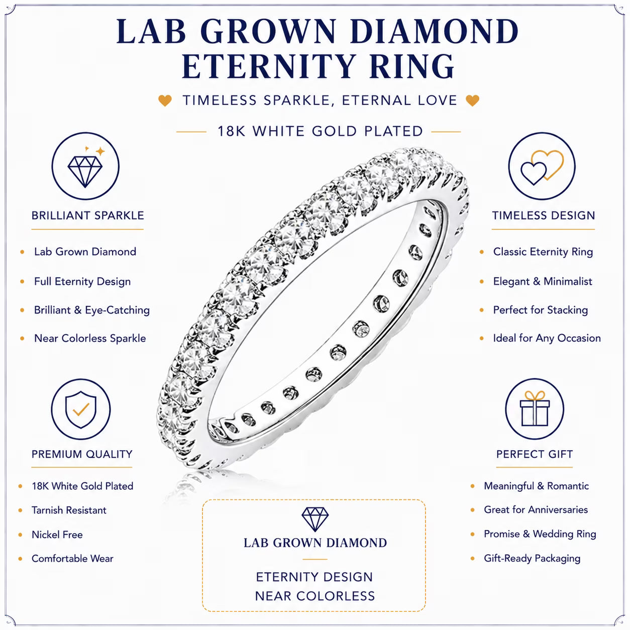 JeenMata Lab Grown Diamond Eternity Ring - Timeless Promise Gift for Women - in 18K White Gold Plating Wedding Rings