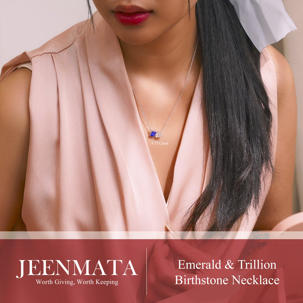 JeenMata 4.75 Carat Alexandrite & Cubic Zirconia Two Stone Birthstone Necklaces - June Birthstone Emerald and Trillion Cut Pendant Necklace in 18K White Gold Plating Gift for Women