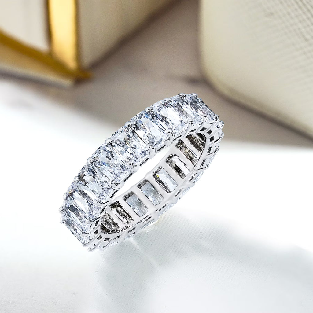 JeenMata 10.5 Carat Emerald Cut Cubic Zirconia Eternity Anniversary Ring - Classic Prong Style Wedding Ring in White Gold Plating for Women