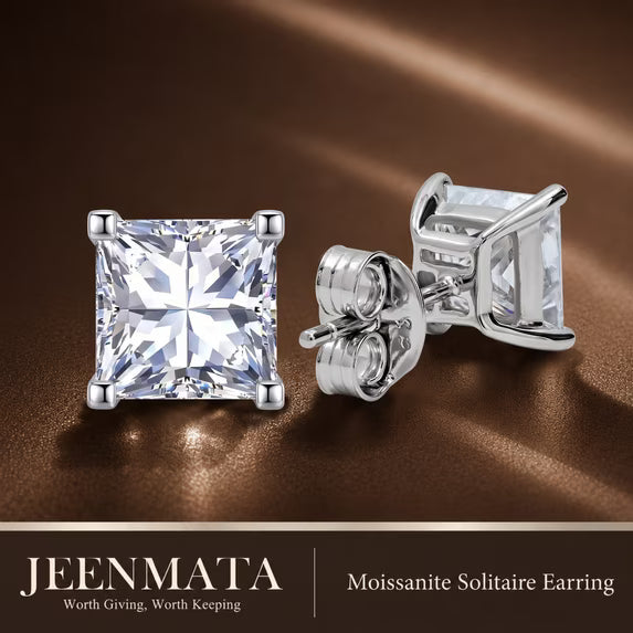 JeenMata 0.5 Carat Princess Solitaire Moissanite Stud Earrings for Women, Earrings for Men, 18K White Gold Plated, Hypoallergenic Earrings, D VS1, Stud Earring for Woman, Jewelry, Gift, Earrings