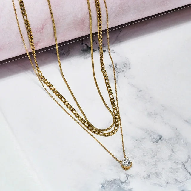 JEENMATA Multipack 3 pc Women Layered Pendant Necklace, Yellow Gold Plating, Gold Chain, Choker Necklace, Herringbone Layered Necklace Jewelry Gift