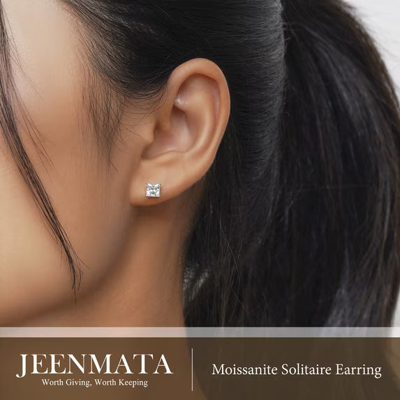 JeenMata 4 Prong - 1 Carat Princess Cut Moissanite - Solitaire Stud Earrings in 18k White Gold Plating for Women