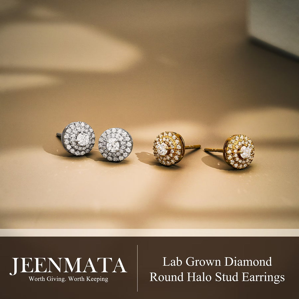 JeenMata Lab Grown Diamond Halo Stud Earrings - Round Cut Stud Earrings for Women in White Gold Plating