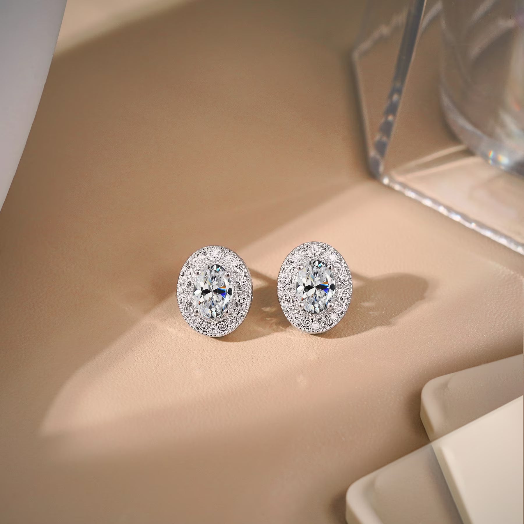 JeenMata 2 Carat Oval Cut Moissanite Stud Earring - Classic Vintage Earring in 18K White Gold Plating for Women Earrings