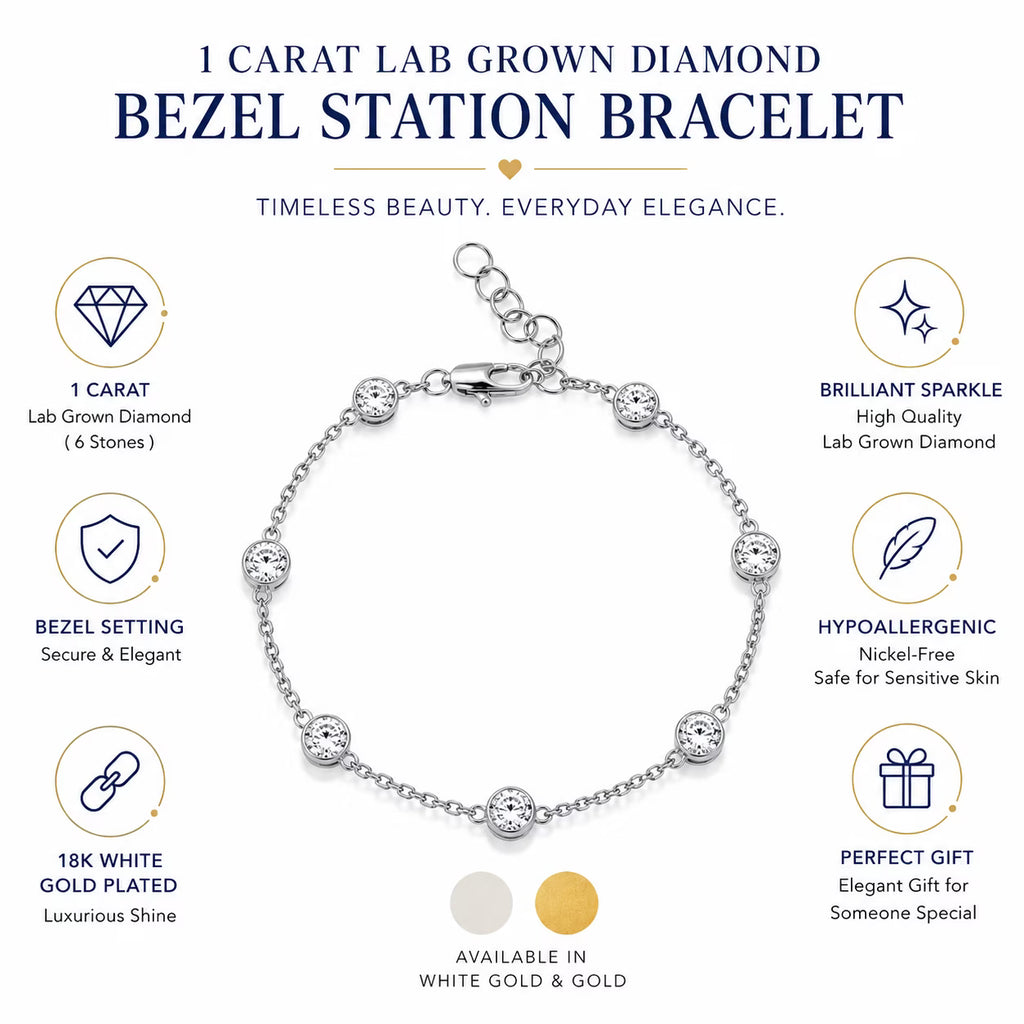 JeenMata 1 Carat Lab Grown Diamond Bezel Station Bracelets - Elegant Gift Jewelry Bracelet in 18K Yellow Gold Plating Gift for Women, Girlfriend