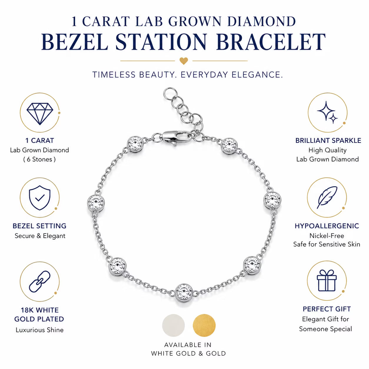 JeenMata 1 Carat Lab Grown Diamond Bezel Station Bracelets - Elegant Gift Jewelry Bracelet in 18K Yellow Gold Plating Gift for Women, Girlfriend