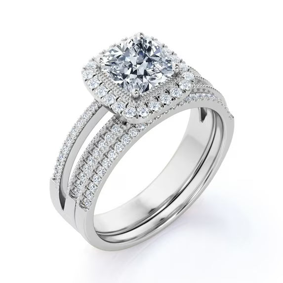 JeenMata Cushion Cut Real Diamond Engagement Ring - Split Shank - Halo Ring - Wedding Set - 10K White Gold