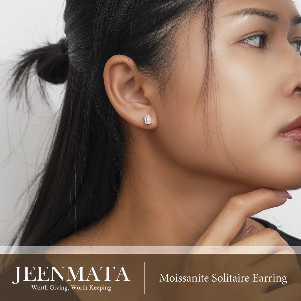 JeenMata Minimalist 2 Carat Emerald Cut Moissanite Solitaire Stud Earrings in 18k White Gold Plating for Women