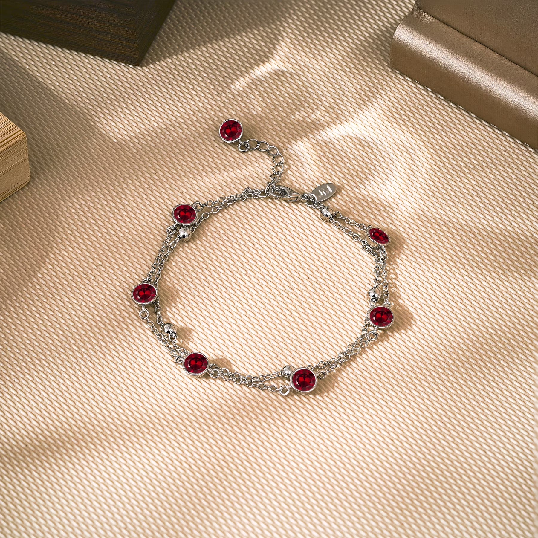JeenMata 3.5 Carat January Garnet Birthstone Double Layer Bracelet - in White Gold Plating for Women