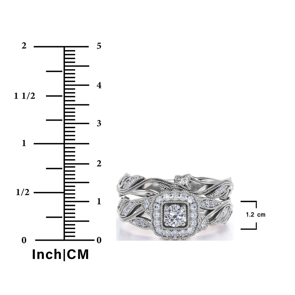 JeenMata Antique - Round Lab Grown Diamond - Edwardian Diamond Filigree Ring - Art Deco Style - Wedding Ring Set in 10K White Gold