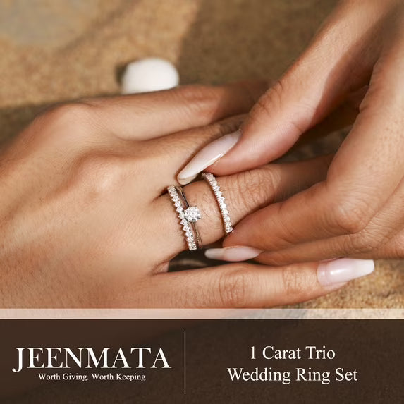JeenMata 1 Carat Lab Grown Diamond Round Cut Trio Wedding Set - Solitaire Engagement Rings Set with Double Band in 18K White Gold Plating for Women's Ring Jewelry