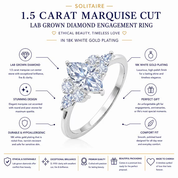 JeenMata 1.5 Carat Marquise Cut Lab Grown Diamond - Engagement Rings in 18K White Gold Plating for Women