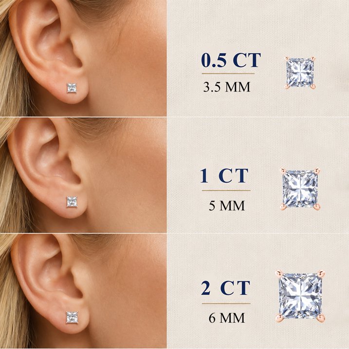JeenMata 1 Carat Princess Solitaire Moissanite Stud Earrings for Women, Earrings for Men, 18K Rose Gold Plated, Hypoallergenic Earrings, D VS1, Stud Earring for Woman, Jewelry, Gift, Earrings