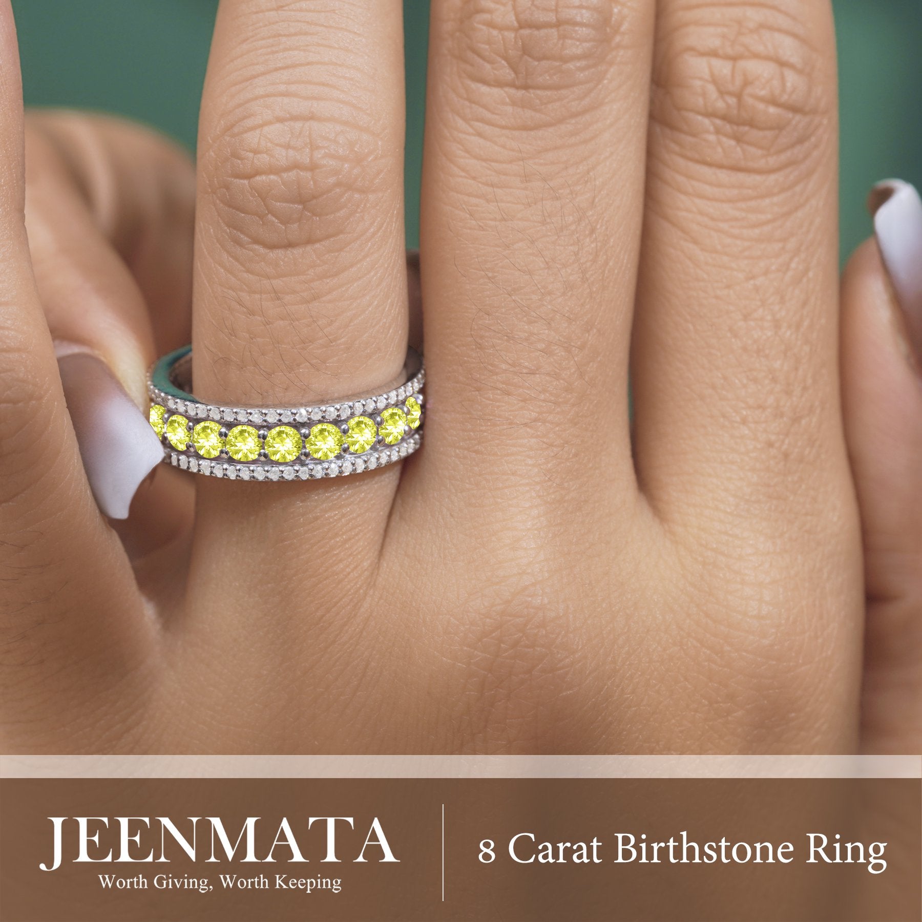JeenMata 8 Carat Round Cut - August Birthstone Eternity Band Ring - Peridot Cubic Zirconia Halo Anniversary Wedding Band in 18K White Gold Plating for Women