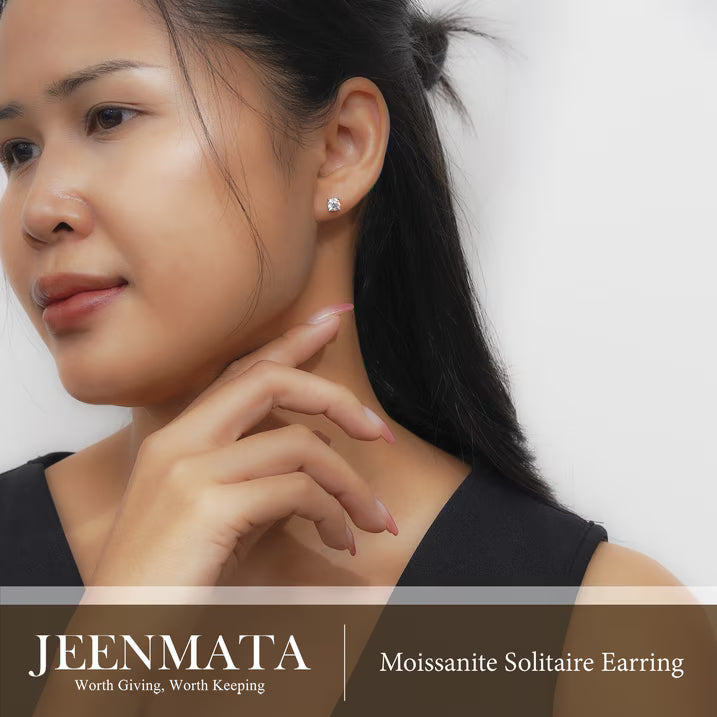 JeenMata 4 Prong - 1 Carat Cushion Cut Moissanite - Solitaire Stud Earrings in 18k White Gold Plating for Women