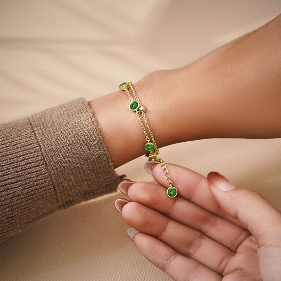 JeenMata 3.5 Carat May Emerald Birthstone Double Layer Bracelet - in Yellow Gold Plating for Women
