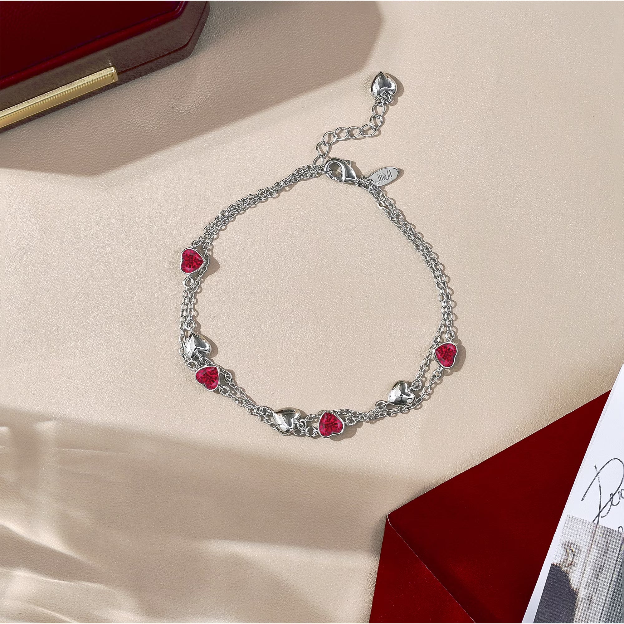 JeenMata 3 Carat July Birthstone Heart Bracelet - Double Heart Bracelet in 18K White Gold Plating for Women