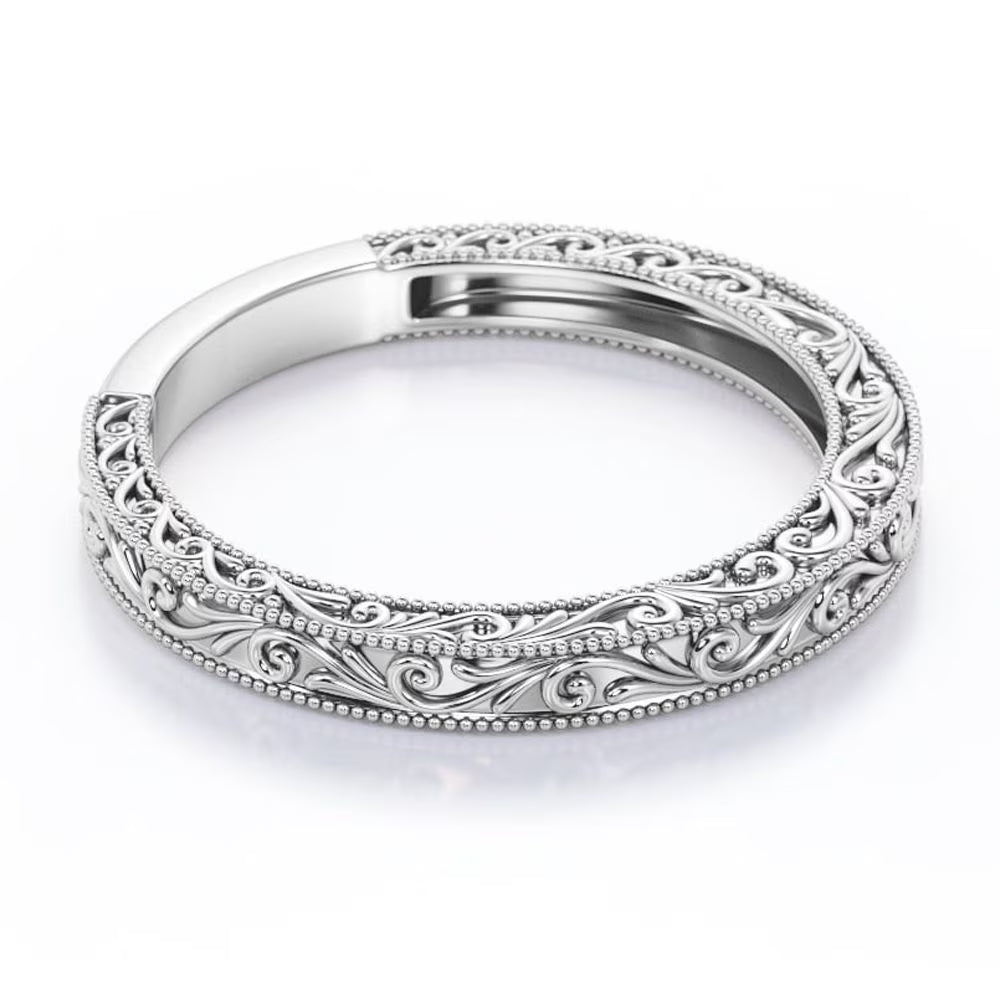 JeenMata Vintage Filigree Wedding Band - Milgrain Edge - in 18k White Gold Plating for Women