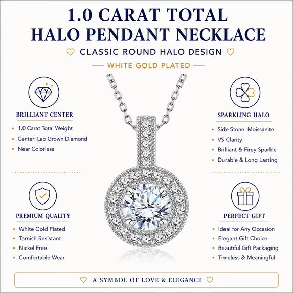 JeenMata 1 Carat Lab Grown Diamond Halo Pendant Necklace - Round Cut Milgrain Halo Pendant in White Gold Plating