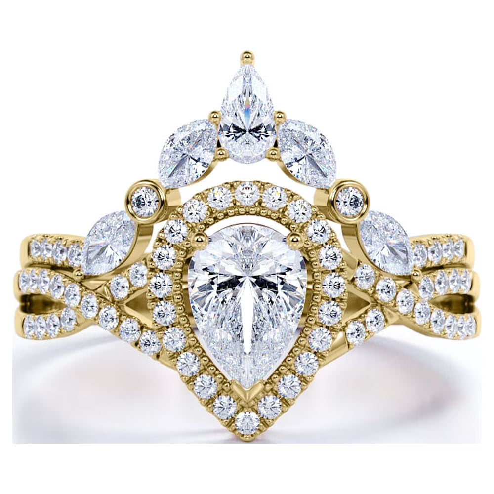 JeenMata 1.75 Carat Pear Cut Moissanite Bohemian Wedding Set - Infinity Engagement Ring with Art Deco Wedding Band in 10k Yellow Gold
