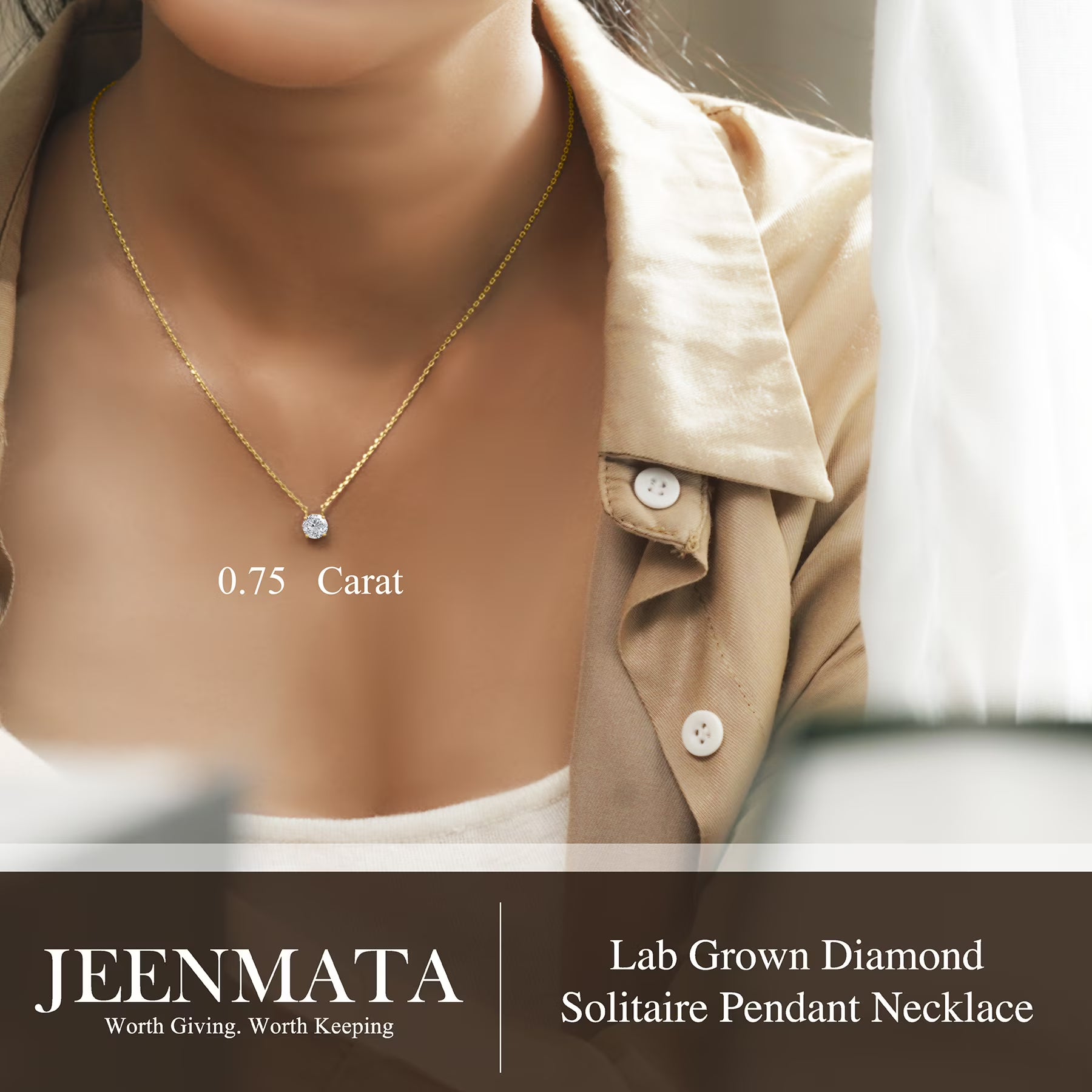 JeenMata Lab Grown Diamond 0.75 Carat Round Cut Classic Solitaire Pendant Necklace - in 18K Yellow Gold Plating for Women